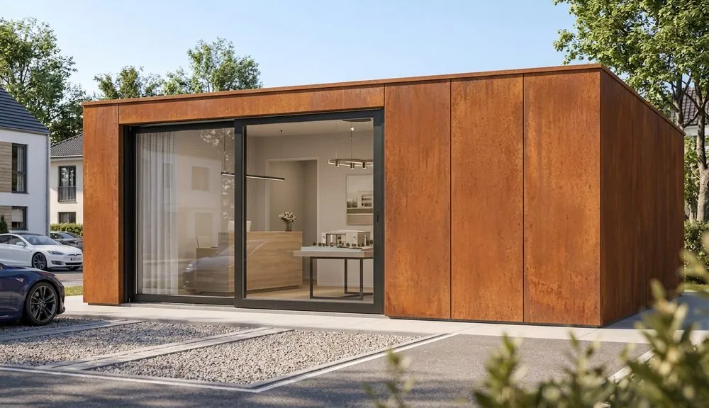 NØMA Lodge décliné en bureau de vente/showroom, bardage corten en emplacement visible