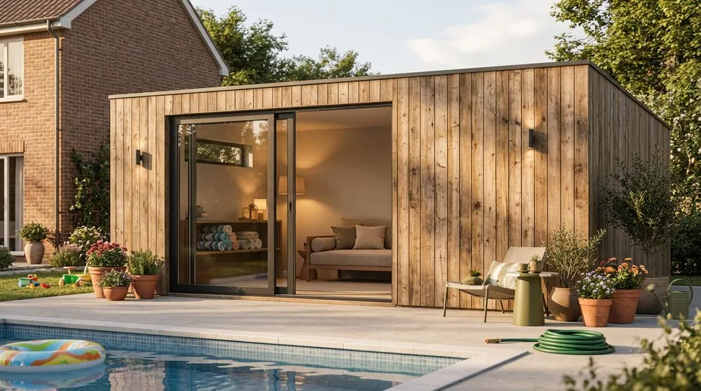 NØMA Lodge décliné en pool house, bardage bois au bord de la piscine