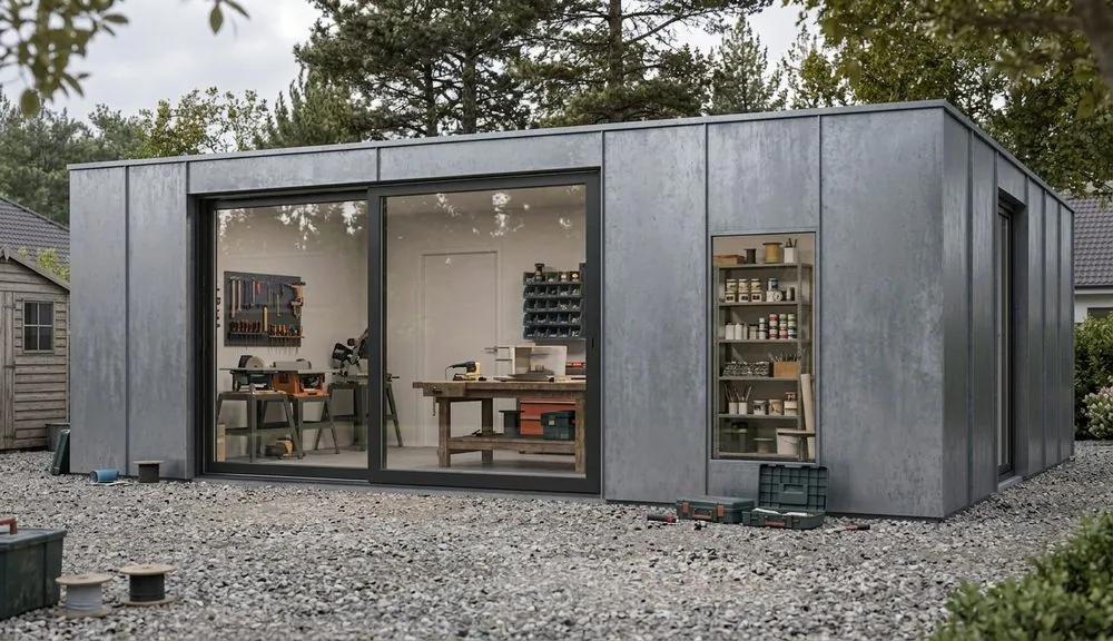NØMA Lodge décliné en atelier, bardage métal en cour gravillonnée