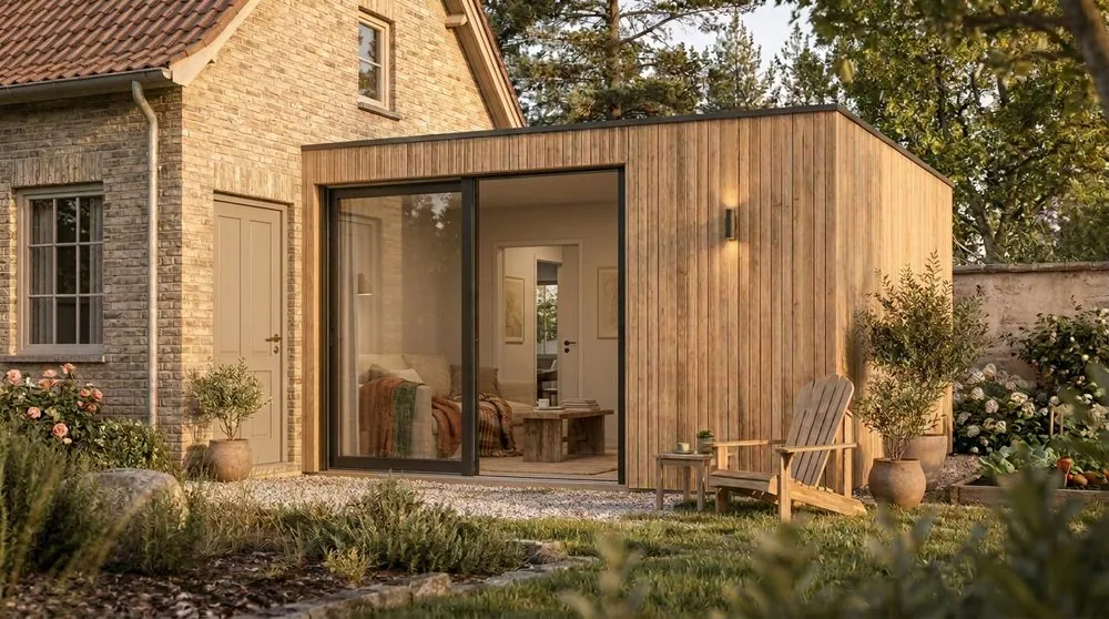 NØMA Lodge décliné en annexe de maison, bardage bois accolé à la façade